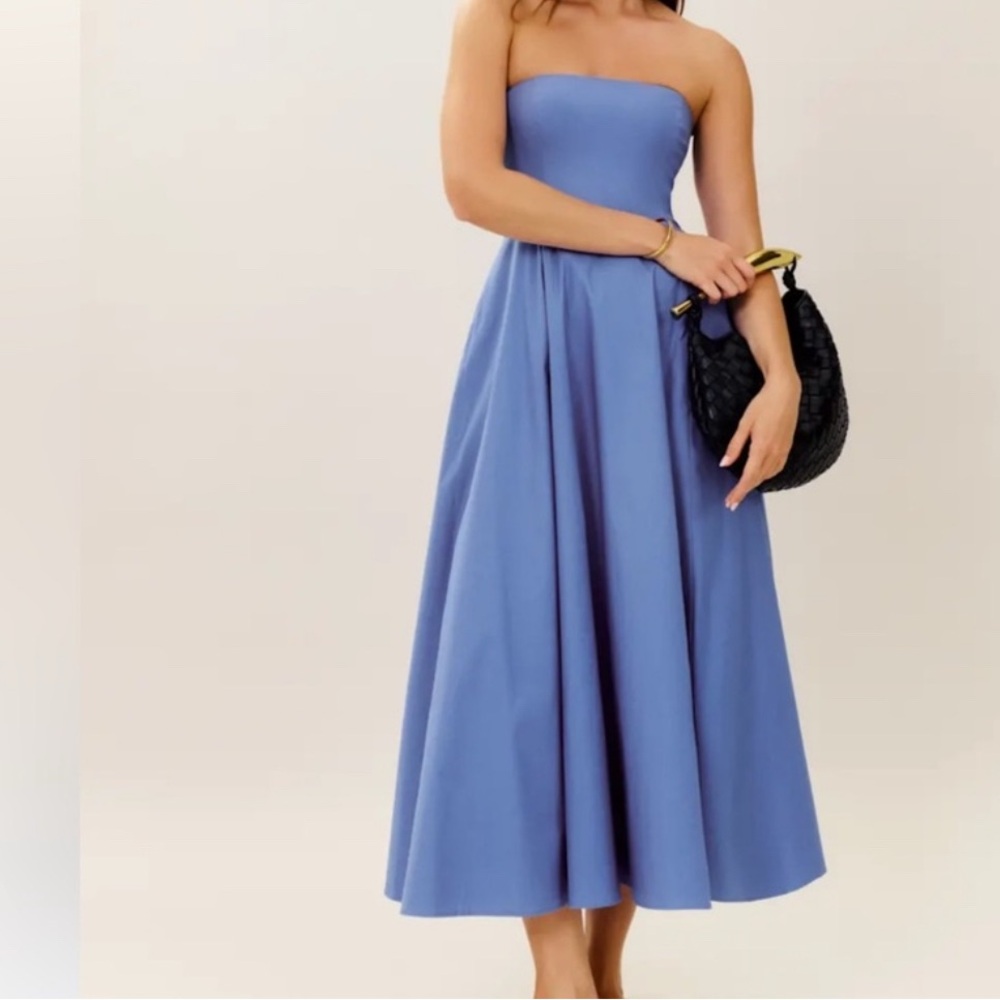 Reformation Strapless Midi Dress in Periwinkle Blue